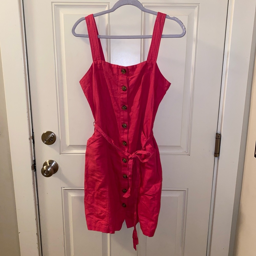 Loft Women's Sleeveless Hot Pink Button Up MIDI Dress 8p Pockets Linen/ Cotton